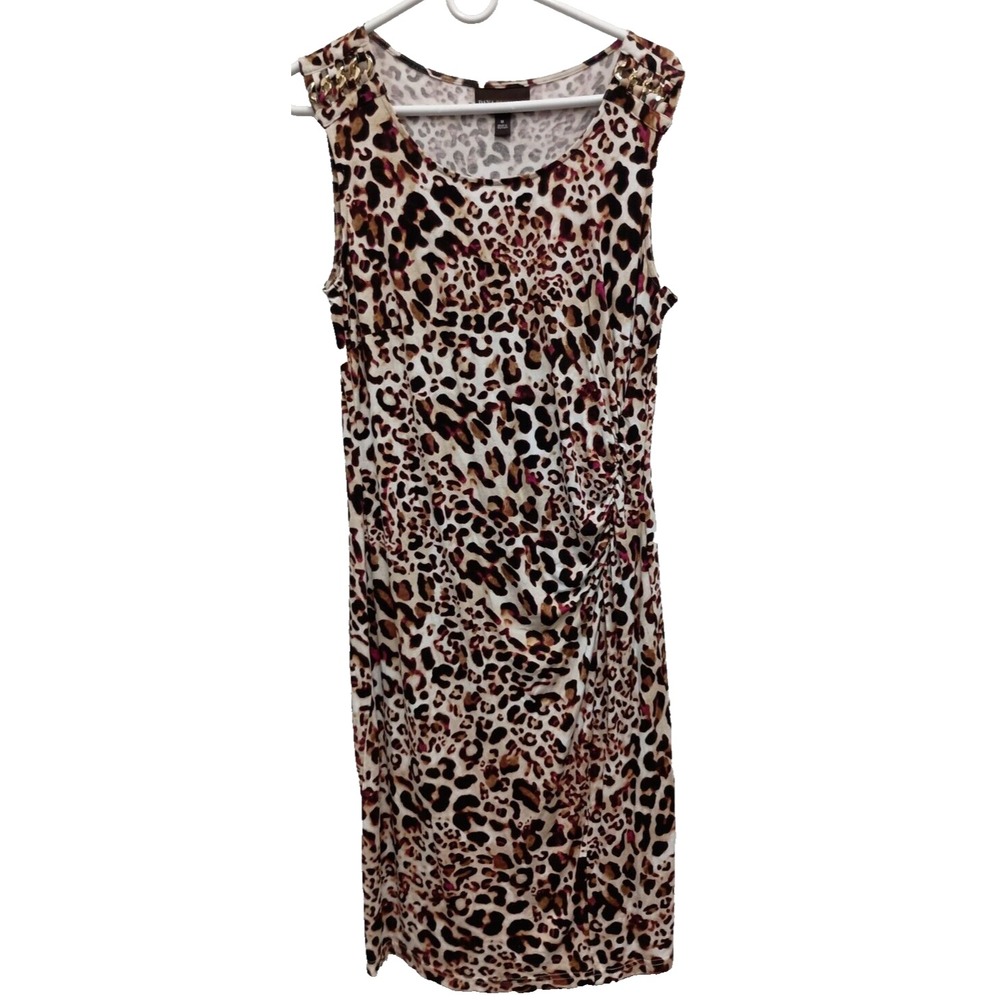 Dana Buchman Midi Dress Womens Medium Animal Print Ruched Sleeveless Party